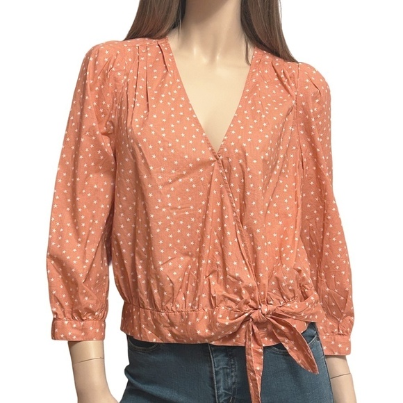Madewell Blouse Top Shirt Wrap Peach Scatter Star Print Crossover Waist Tie - Picture 5 of 13